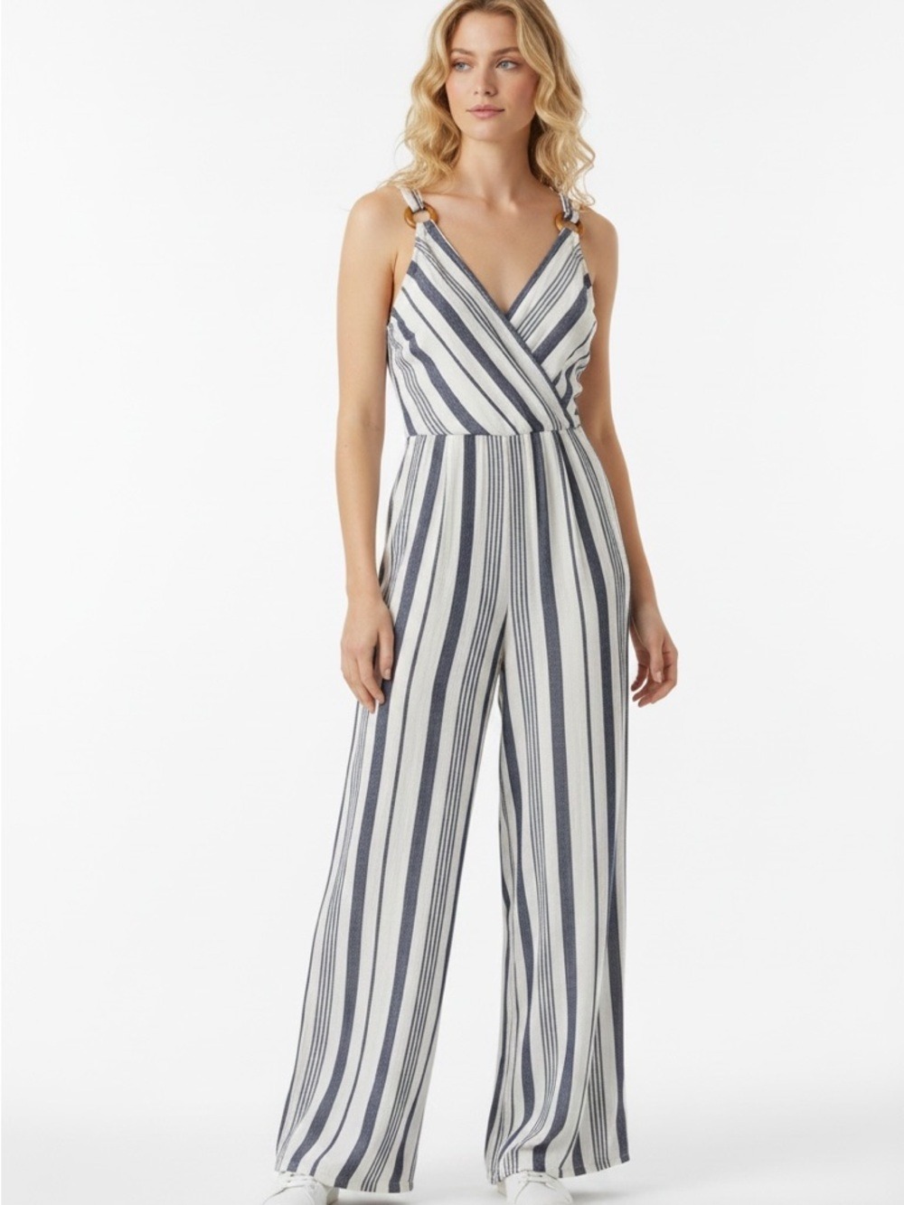 AEO jumpsuit wide legs flare blue white striped light Bohemian smock back XS